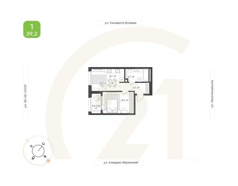 1-комн. квартира, 39,2 м²в ЖК «Бионика Парк»