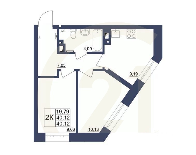 2-комн. квартира, 40,12 м²в ЖК «Космос»