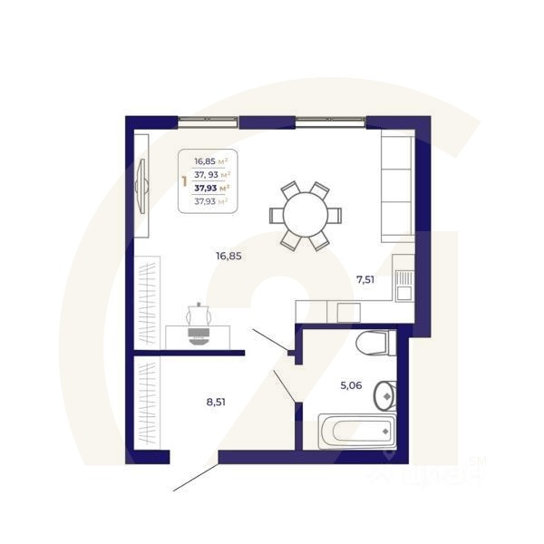 1-комн. квартира, 37,93 м²в ЖК «Паруса»