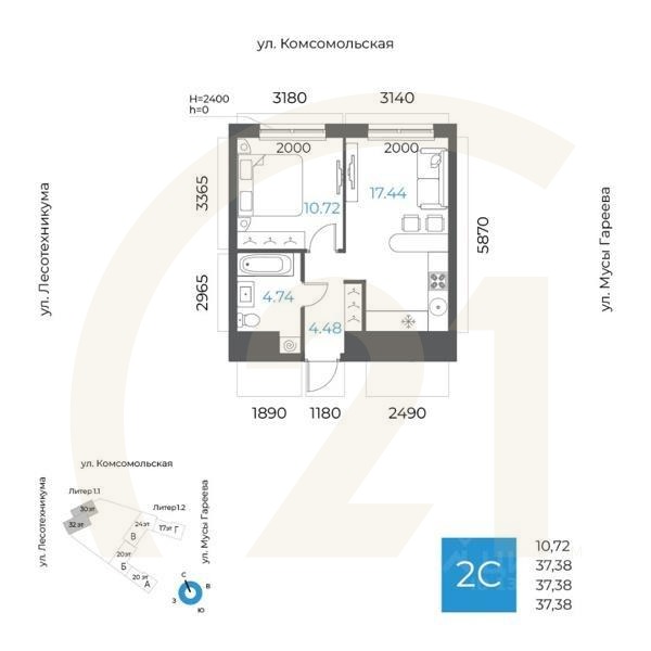 2-комн. квартира, 37,38 м²в ЖК «8 NEBO»