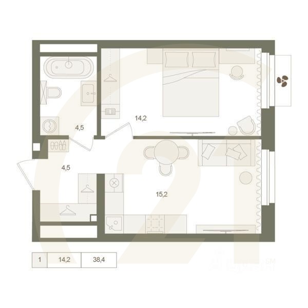 1-комн. квартира, 38,4 м²в ЖК «Квартал «Родина Парк»