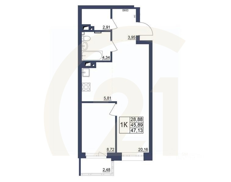 1-комн. квартира, 47,35 м²в ЖК «Космос»