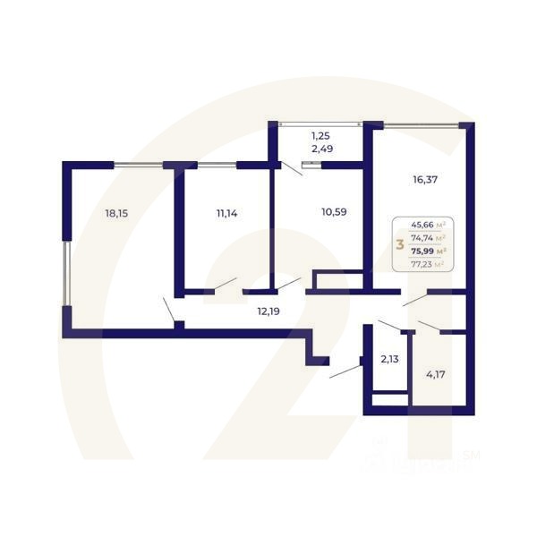 3-комн. квартира, 75,99 м²в ЖК «Паруса»
