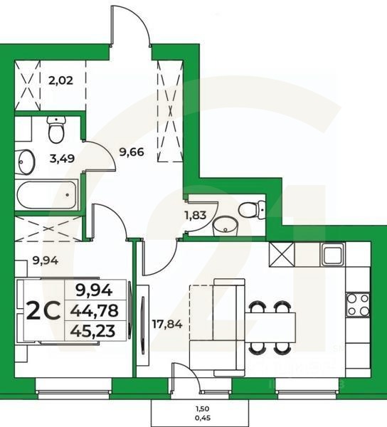 2-комн, 45,23 м²