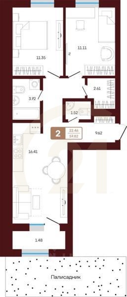 2-комн. квартира, 57,82 м²в ЖК «ЯРАТАУ»