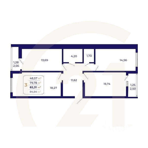 3-комн. квартира, 82,31 м²в ЖК «Паруса»