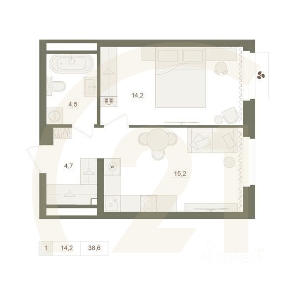 1-комн. квартира, 38,6 м²в ЖК «Квартал «Родина Парк»