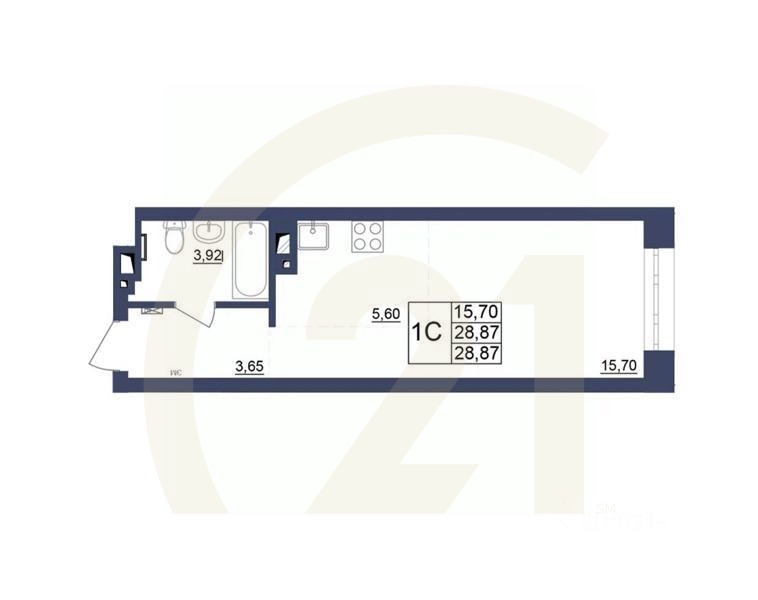 1-комн, 28,69 м²в ЖК «Космос»