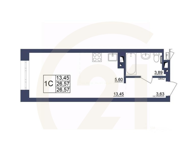 1-комн, 26,44 м²в ЖК «Космос»
