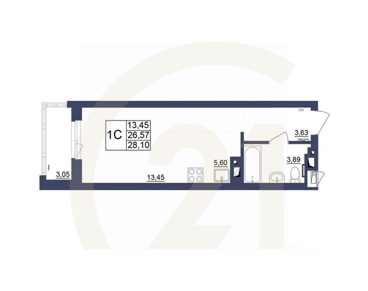 1-комн, 28,28 м²в ЖК «Космос»