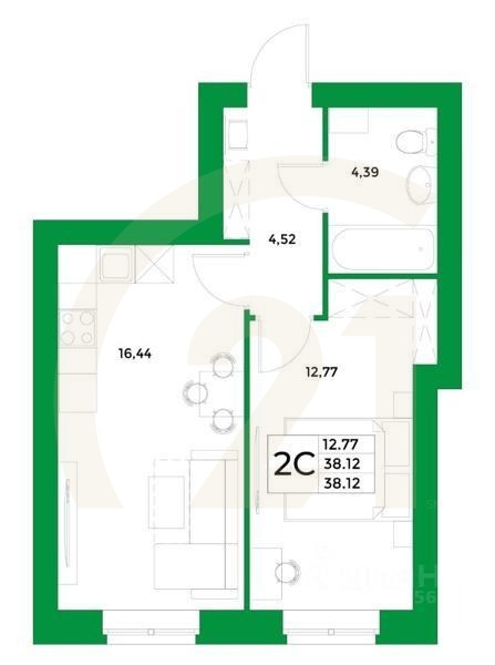 2-комн, 38,12 м²