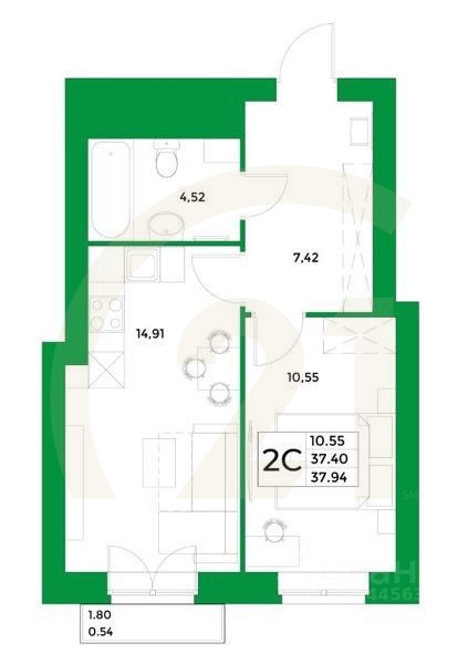 2-комн, 37,94 м²