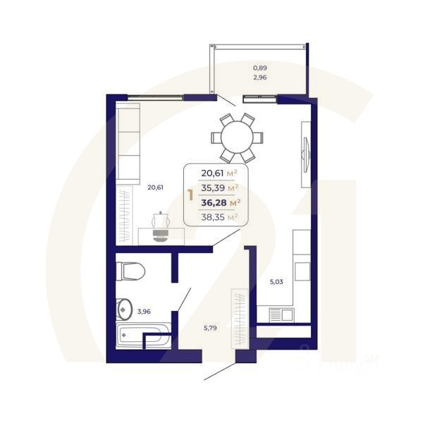 1-комн. квартира, 36,28 м²в ЖК «Паруса»