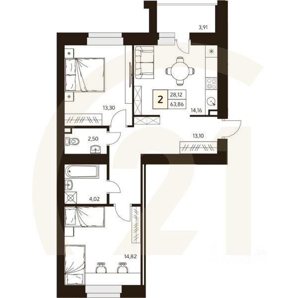 2-комн. квартира, 63,86 м²в ЖК «MATUR»