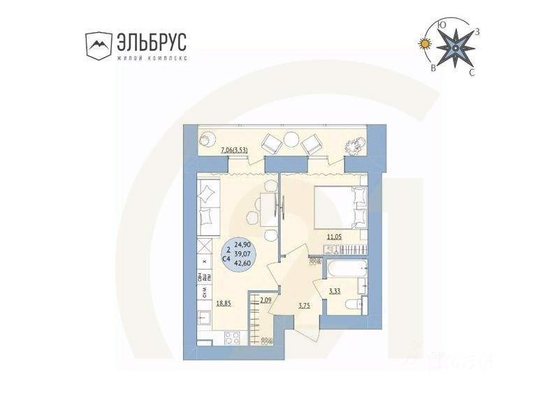 2-комн. квартира, 42,6 м²в ЖК «Эльбрус»