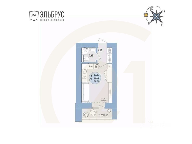 1-комн, 22,72 м²в ЖК «Эльбрус»