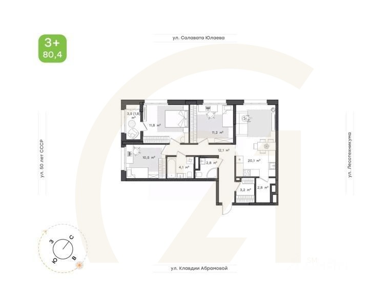 3-комн. квартира, 80,4 м²в ЖК «Бионика Парк»