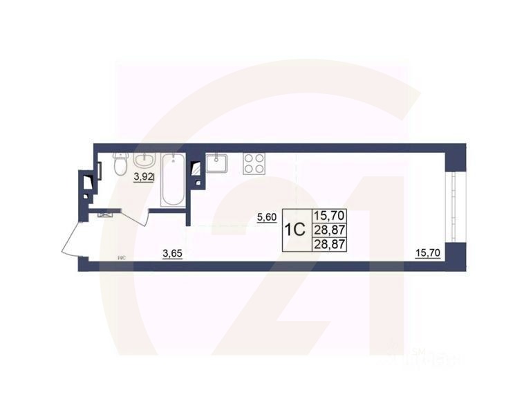 1-комн, 28,87 м²в ЖК «Космос»