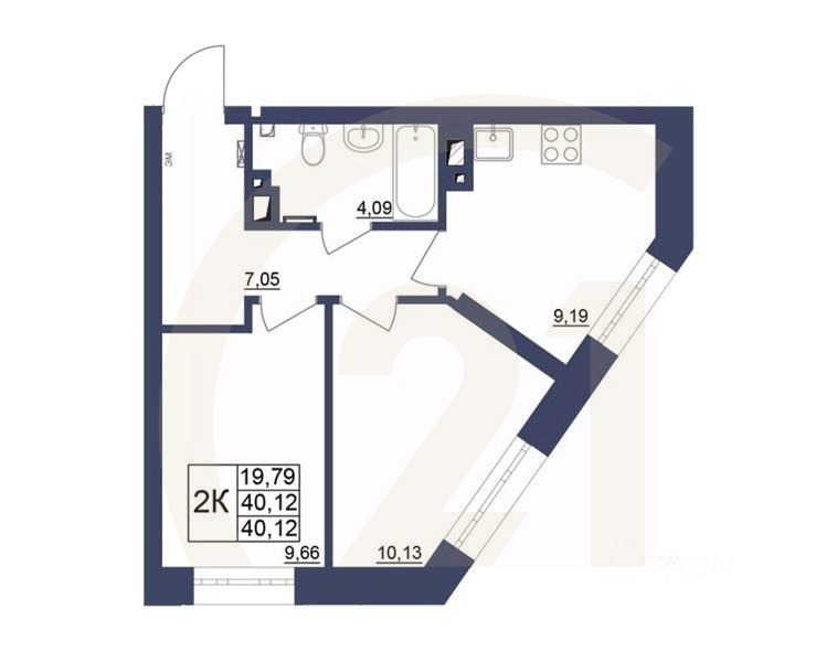 2-комн. квартира, 40,24 м²в ЖК «Космос»