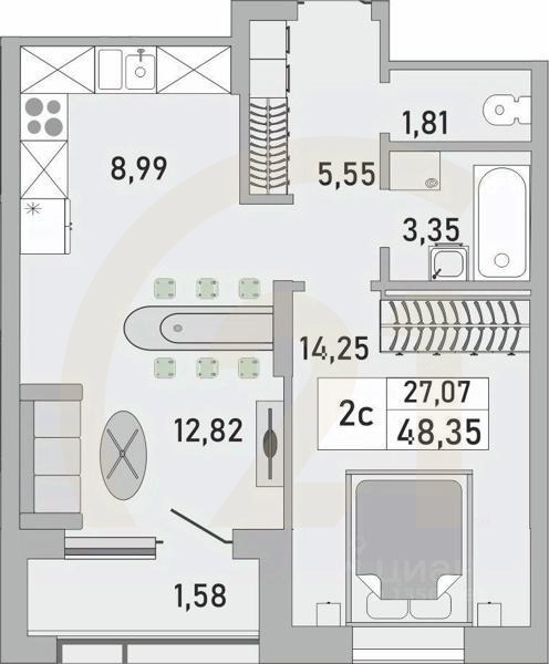 2-комн. квартира, 48,35 м²в ЖК «Платинум»