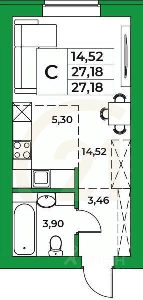 Студия, 27,18 м²