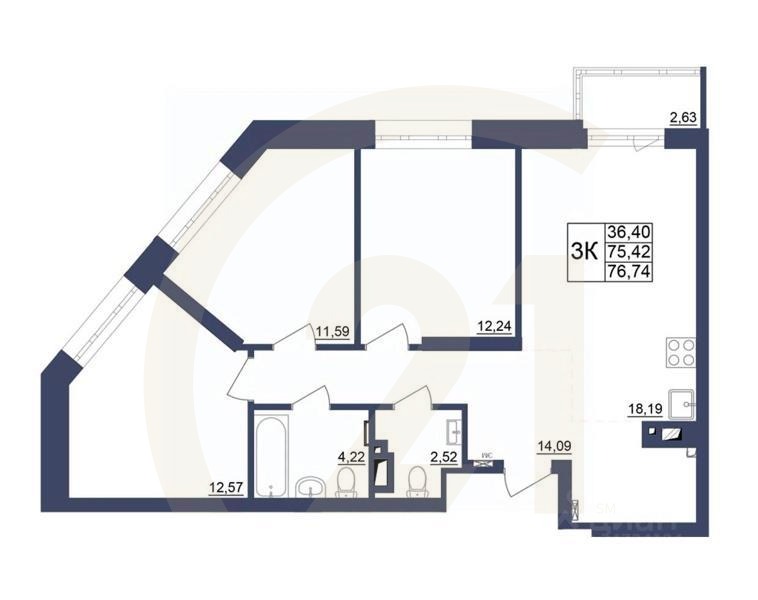 3-комн, 75,99 м²в ЖК «Космос»