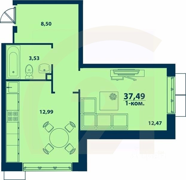 1-комн. квартира, 37,49 м²в ЖК «Город природы»