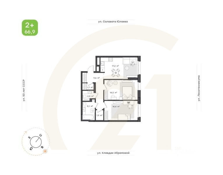 2-комн. квартира, 66,9 м²в ЖК «Бионика Парк»