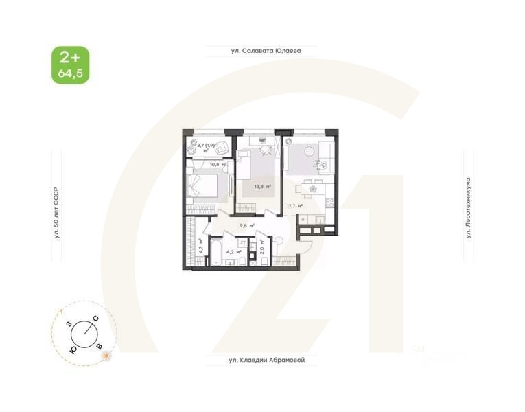2-комн. квартира, 64,5 м²в ЖК «Бионика Парк»
