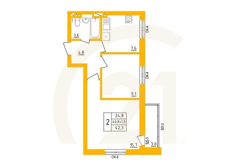 2-комн. квартира, 42,2 м²