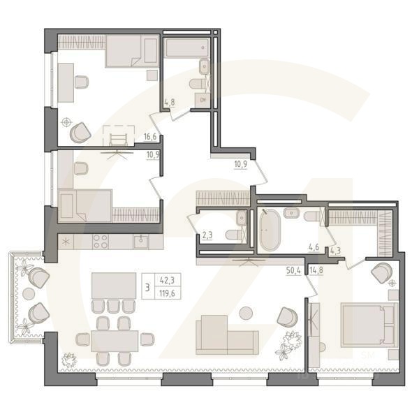 3-комн. квартира, 119,6 м²в ЖК «Новый Империал»