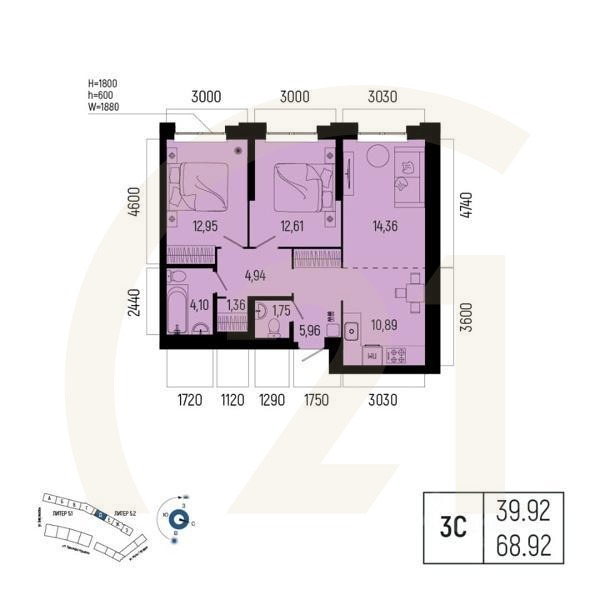 3-комн. квартира, 68,92 м²в ЖК «Новатор»