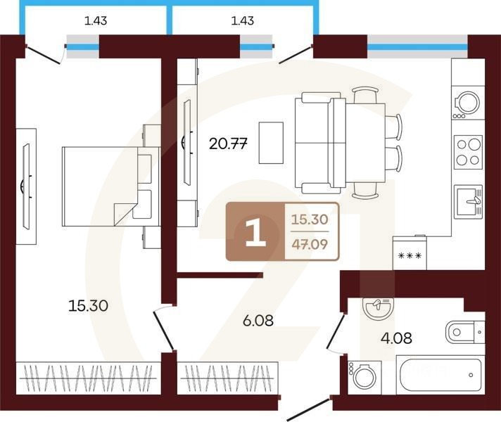 1-комн, 41,48 м²в ЖК «ЯРАТАУ»
