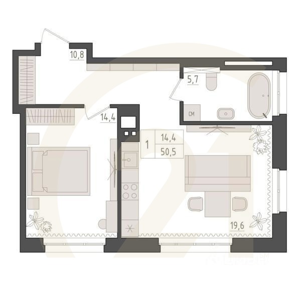 1-комн. квартира, 50,5 м²в ЖК «Новый Империал»