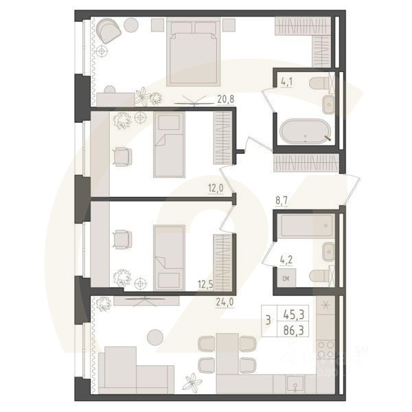 3-комн. квартира, 86,3 м²в ЖК «Новый Империал»