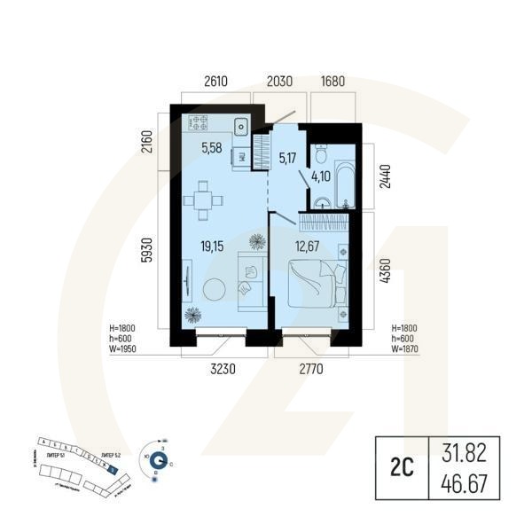 2-комн. квартира, 46,67 м²в ЖК «Новатор»