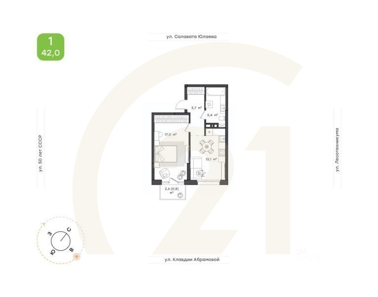 1-комн. квартира, 42 м²в ЖК «Бионика Парк»