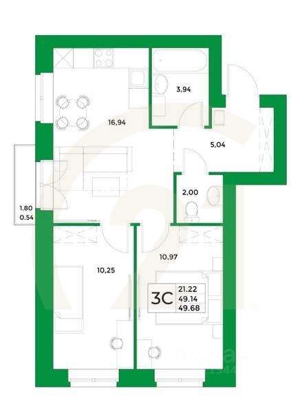3-комн, 49,68 м²