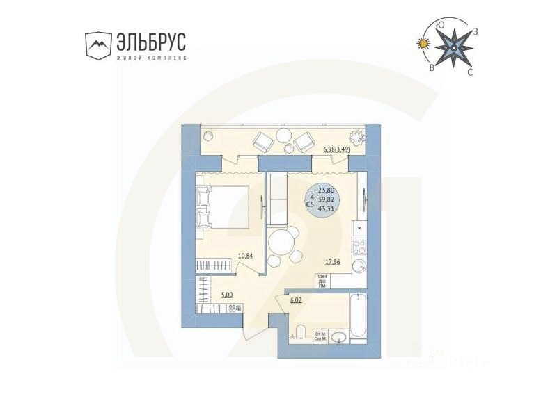 2-комн. квартира, 43,31 м²в ЖК «Эльбрус»