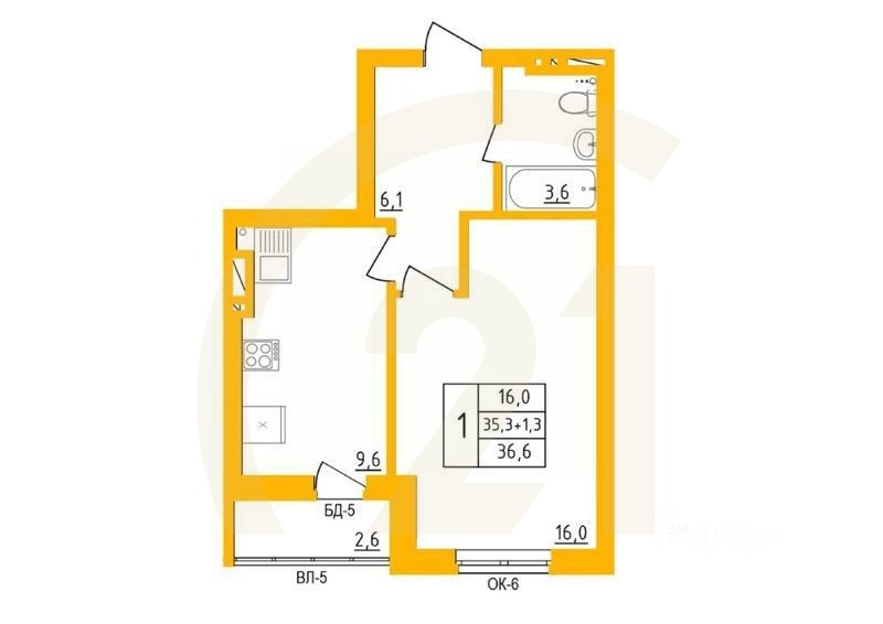 1-комн. квартира, 36,6 м²