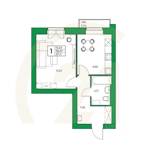 1-комн. квартира, 37,11 м²
