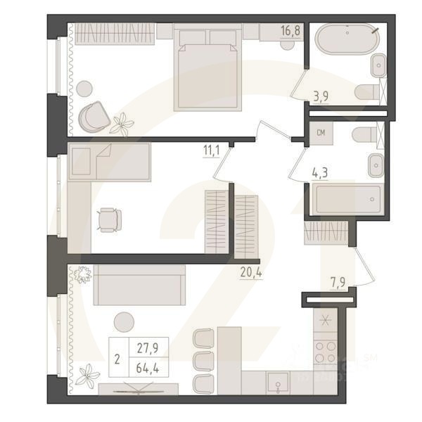 2-комн. квартира, 64,4 м²в ЖК «Новый Империал»