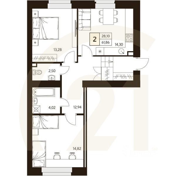 2-комн. квартира, 66,72 м²в ЖК «MATUR»