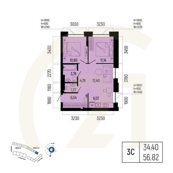 3-комн. квартира, 56,82 м²в ЖК «Новатор»