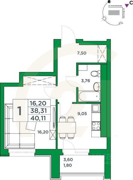 1-комн. квартира, 38,31 м²в ЖК «Сапфир»