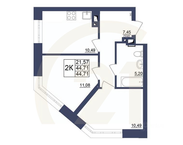 2-комн. квартира, 44,46 м²в ЖК «Космос»