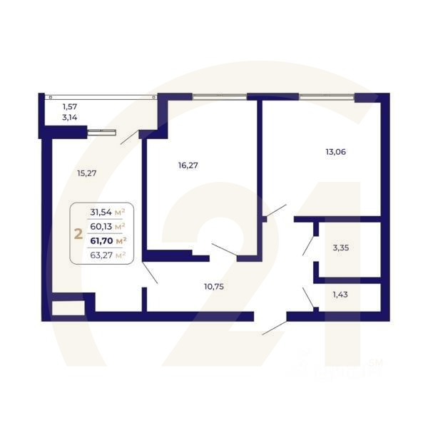 2-комн. квартира, 61,7 м²в ЖК «Паруса»