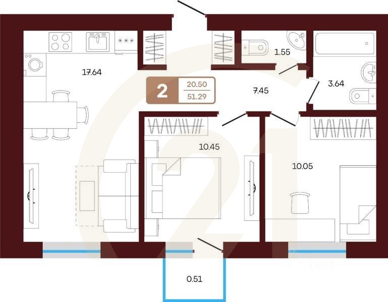 2-комн. квартира, 51,29 м²в ЖК «ЯРАТАУ»