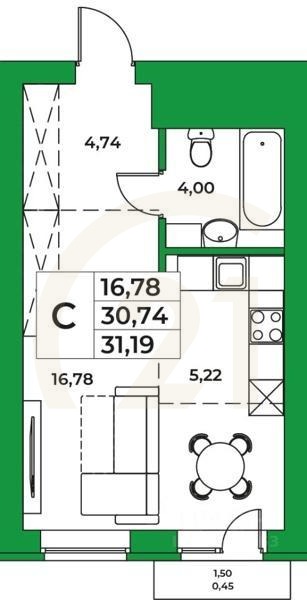 Студия, 31,19 м²