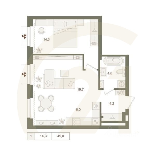 1-комн. квартира, 49 м²в ЖК «Квартал «Родина Парк»